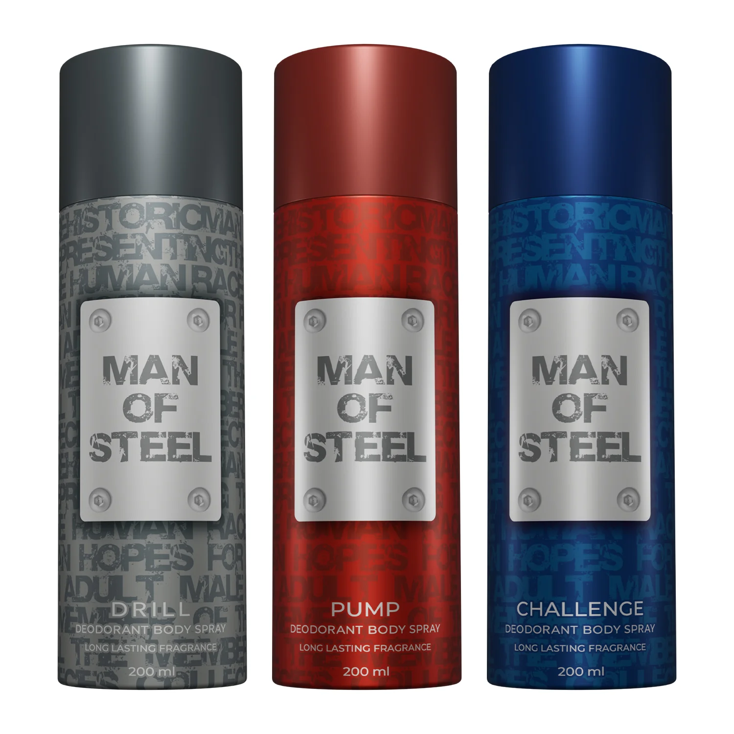 Pack of 3 Man of Steel Deos (Drill + Pump + Challenge) - 200ml Each