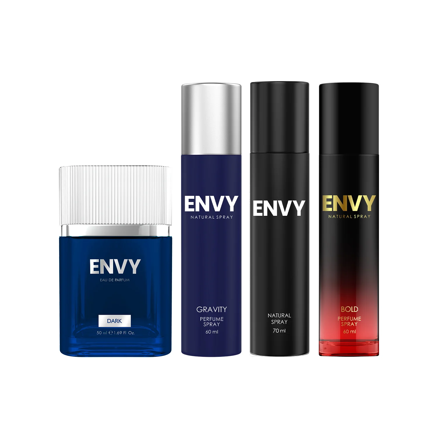 ENVY Pack of 4 Perfumes For Men (Dark 50ml + Gravity 60ml + Bold 60ml + Natural Spray for Men 70ml)