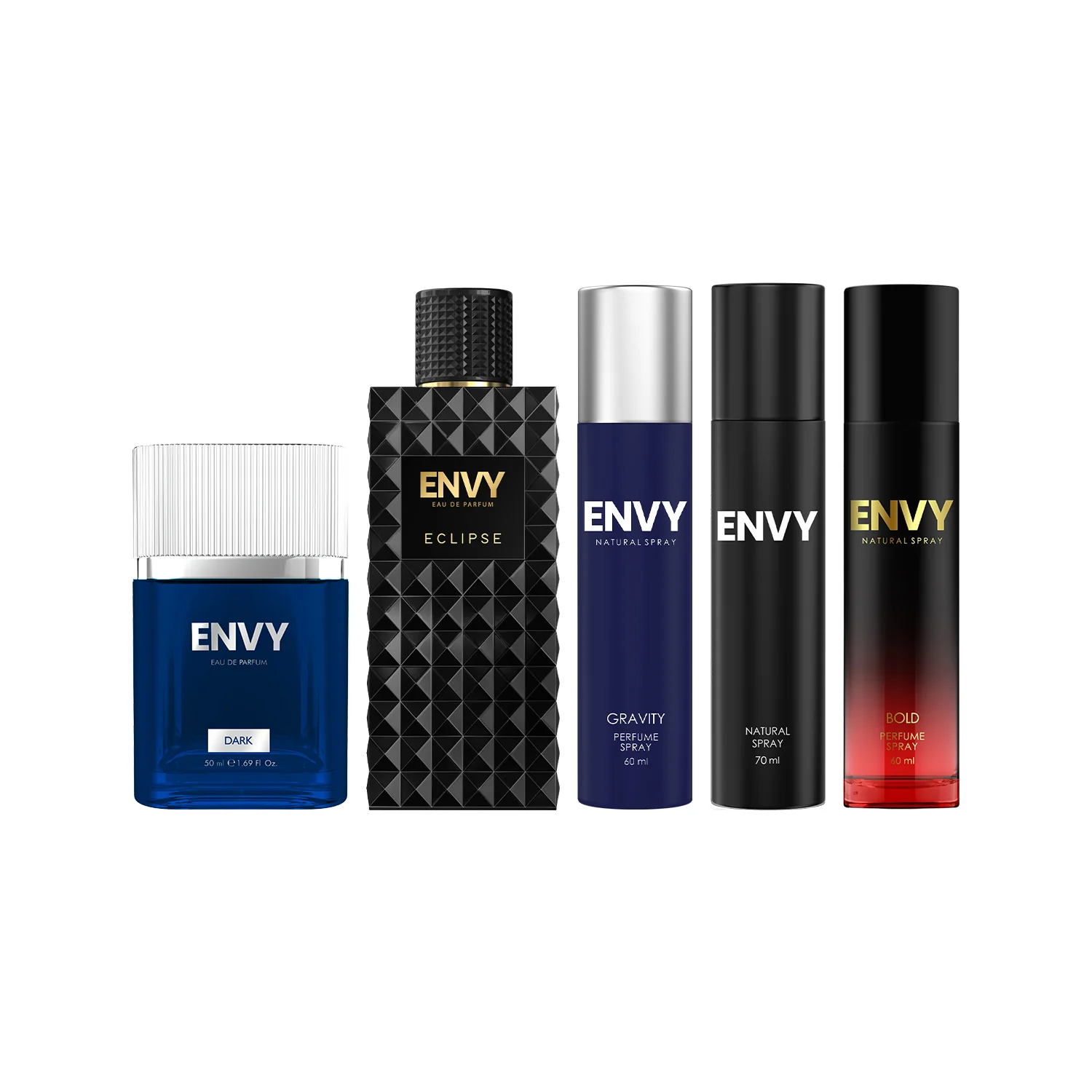 ENVY Pack of 5 Perfumes For Men (Dark 50ml + Gravity 60ml + Bold 60ml + Natural Spray for Men 70ml + Eclipse 100ml)
