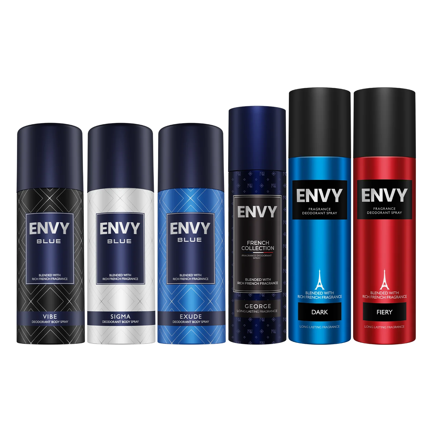 Envy Pack of 6 Deos (EXUDE, Sigma, Vibe 165ml + George + Dark + Fiery 120/140ml)