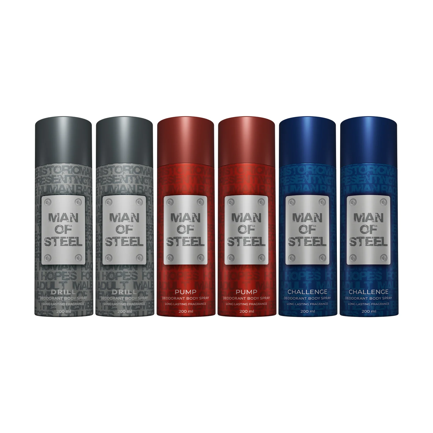 Pack of 6 Man of Steel Deos (2 Drill + 2 Pump + 2 Challenge) - 200ml Each