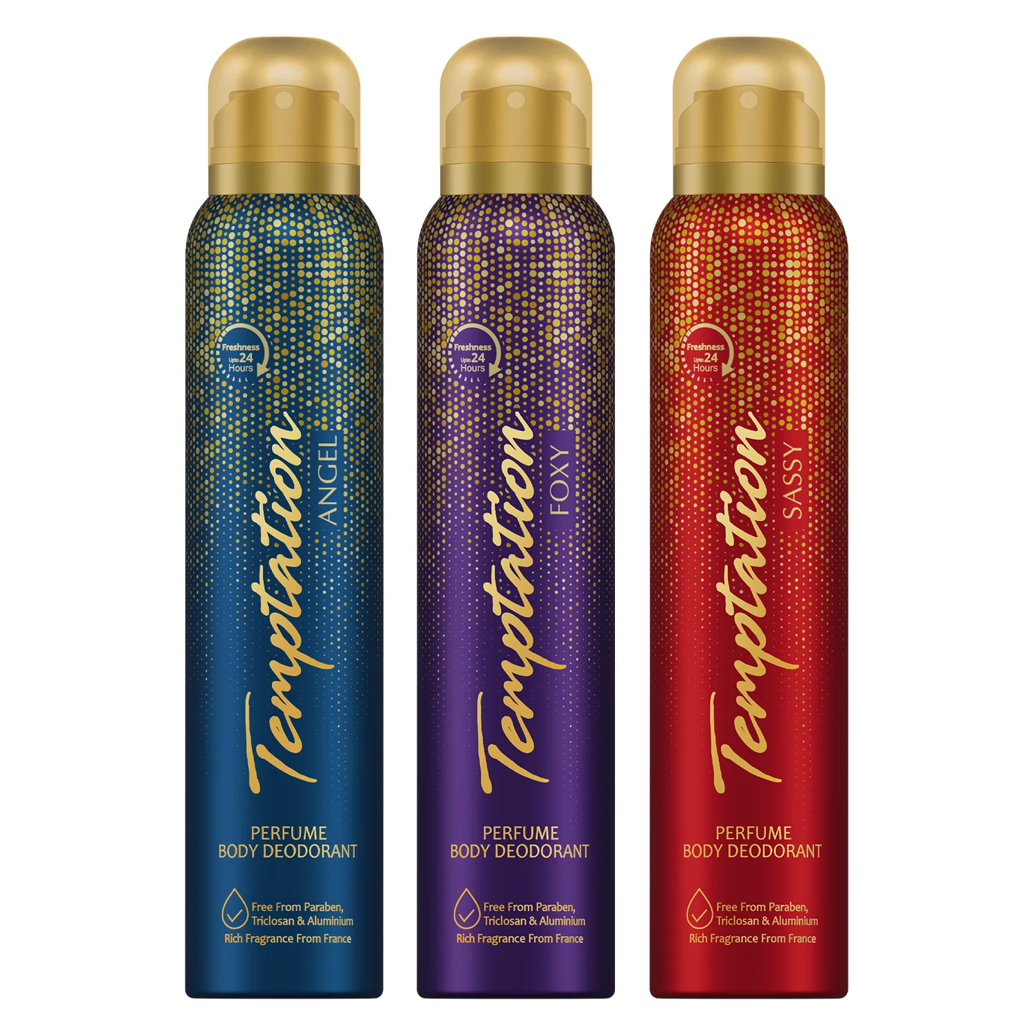TEMPTATION Pack of 3 Perfume Body Deodorant for Women (Angel + Foxy + Sassy) - 150ml Each