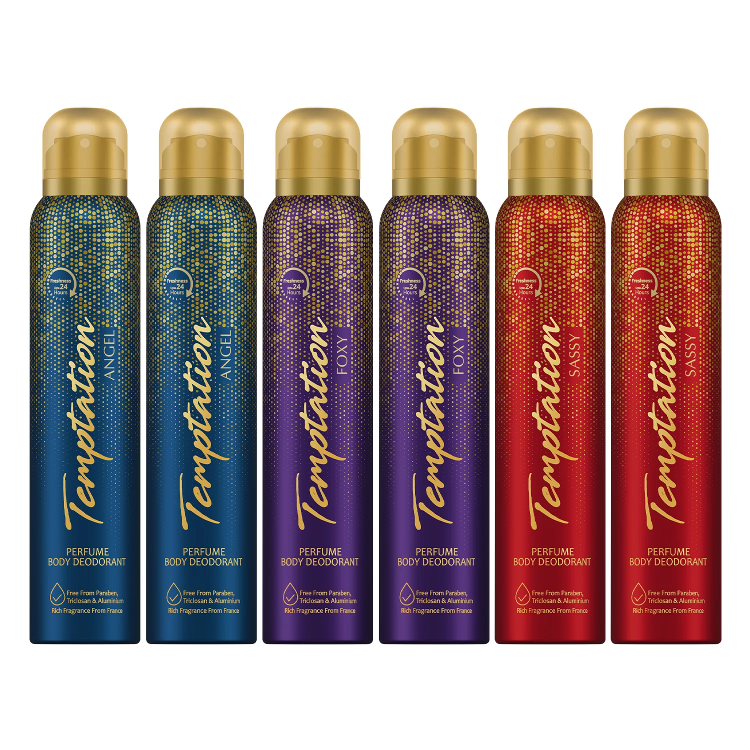 TEMPTATION Pack of 6 Perfume Body Deodorant for Women (Angel + Foxy + Sassy) - 150ml Each
